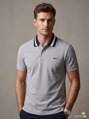 Lacoste Men's Size Small Gray Navy Collar Regular Fit Cotton Polo Shirt